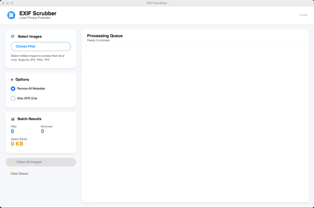 EXIF Scrubber interface showing empty queue